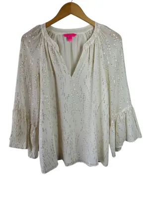 Lilly Pulitzer Coconut White Silk Gold Metallic Matilda Top Flounce M thumbnail 3