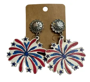 Fireworks Drop Earrings Womens OS Red‎ White Blue Patriotic Concho Wood 4th July thumbnail 1