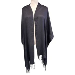 Scarf Black Hand Beaded Accent Border Fringe Shawl Formal Y2K Whimsy Goth Boho thumbnail 2