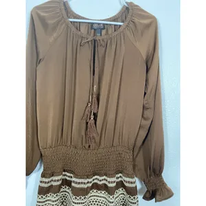 Shyanne Brown Western Embroidered Smocked Mini Dress Long Sleeve Tassels Size M thumbnail 5