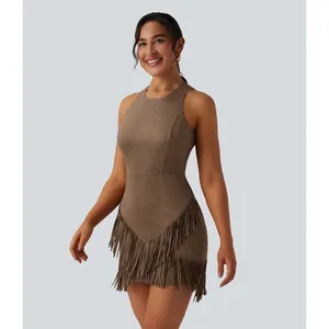 Halara Brown Faux Suede Bodycon Fringe Mini Dress Western Boho XL NWT thumbnail 3