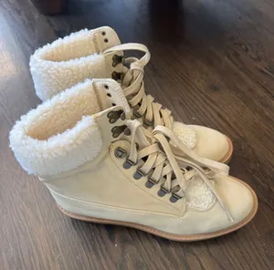 JustFab Cream Sherpa-Lined Lace-Up Ankle Boots thumbnail 1