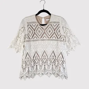 Hunter Bell Womens Top White Crochet Lace Overlay 3/4 Sleeve Blouse Size 4 thumbnail 3