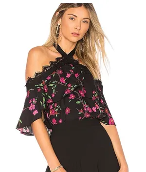 Alice & Olivia Alyssa Sakura Flower Off-the-Shoulder Top Halter Neck Size Large thumbnail 1