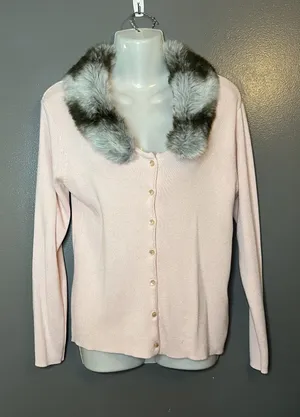 Kikit Sweater Womens Medium Faux Fur Collar Button Cardigan Removable Vintage St thumbnail 1