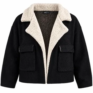 Zara Knit Womens M Black Cream Sherpa Collar Open Front Jacket Cardigan Textured thumbnail 1