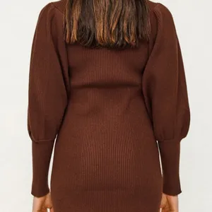 AVANTLOOK Bubble Sleeve Ribbed Sweater Mini Dress Brown NWT Size S thumbnail 2
