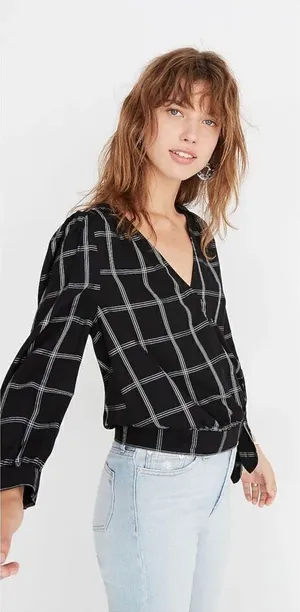 Madewell‎ Wrap Top in Windowpane sz Small black white thumbnail 1