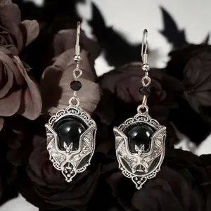 Gothic Bat Cameo Vintage Style Synthetic Black Silver-Plated Alloy Drop Earrings thumbnail 3