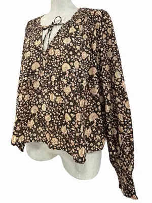 Billabong Desert Daze Floral Peasant Blouse Brown Smocked Long Sleeve Top Medium thumbnail 6