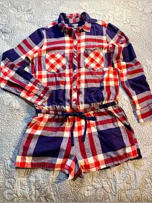 💥Aerie Plaid Flannel Pajama Romper Button Front Drawstring Red Navy Sz M💛 thumbnail 10