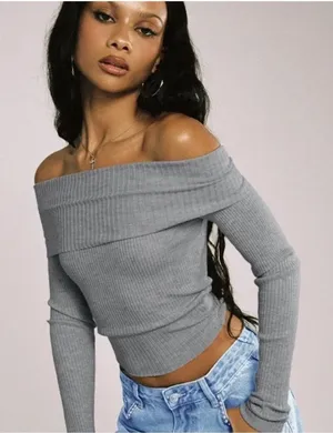 Princess Polly Grey Off-The-Shoulder Sweater thumbnail 1