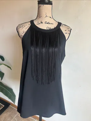 Alfani Sleeveless Fringe Black Top Size 10 thumbnail 3