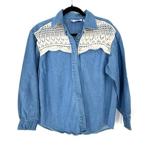 Vintage 90's denim shirt M crochet lace jean button up shirt top Western cowgirl thumbnail 2