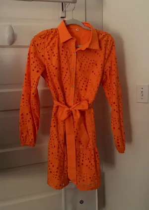 SheIn Long sleeve orange eyelet mini dress thumbnail 1