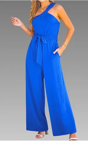NWT Royal Blue One Shoulder Belted Wide Leg Jumpsuit Romper Small thumbnail 1