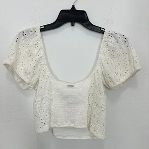Billabong Festival Cropped‎ Eyelet Puff Sleeves Sweetheart Neckline Summer White thumbnail 5