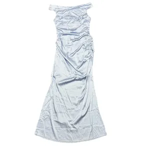 NEW Here Comes the Sun In Blooms Off Shoulder Satin Maxi Dress Blue Large NWT thumbnail 3