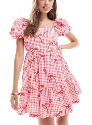 Miss Selfridge bows babydoll dress poplin tiered mini smock gingham coquette thumbnail 1