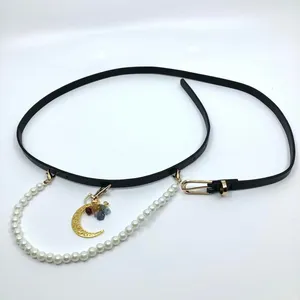 Y2K Celestial Black Faux Leather Pearl Moon Belt, Fits 33–35 Inches, X7GA1232 thumbnail 6