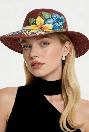 Genuine Hand Painted Floral Wide Brim Panama Hat 100% Paja Toquilla thumbnail 1