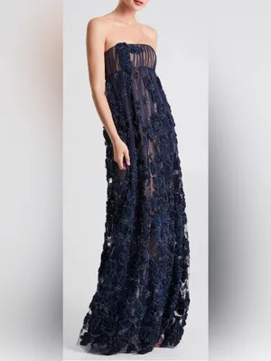 NEW HELSI Beatrice Strapless 3D Embellished Floral Sheer navy Gown sz XS thumbnail 3