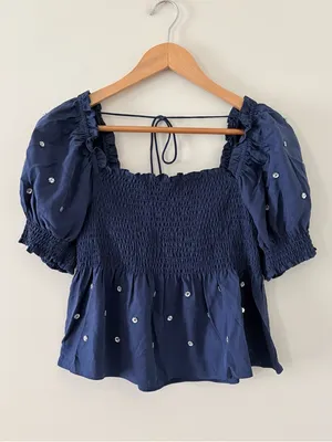 Hill House Home Jewel Jammy Top Navy Blue Smocked Peplum Puff Sleeve Size M thumbnail 12