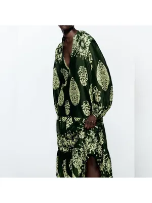 Zara Dark Green Midi Dress with Light Green Botanical Print thumbnail 6