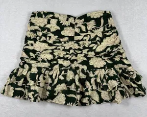 Zara Green Floral‎ Ruched Mini Skirt Tiered Ruffle Hem Linen Blend Size S thumbnail 1