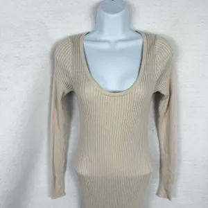 Maxi Bodycon Dress Womens Small Ribbed Knit Long Sleeve Scoop Neck Beige Tan thumbnail 2