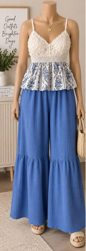 & Other Stories Crochet Lace Bodice Dress with Blue Floral Skirt - Blue and White thumbnail 1