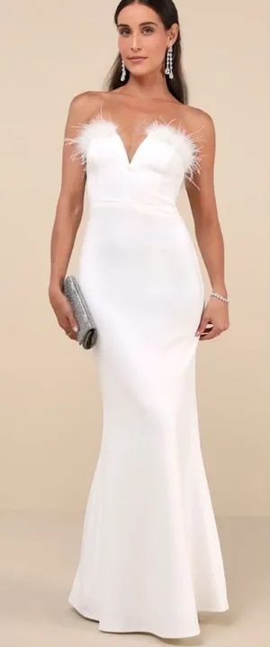 Lulus Extraordinary Glam White Feather Strapless Mermaid Maxi Dress size Medium thumbnail 1