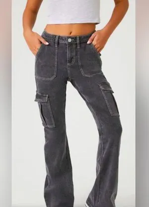 FOREVER 21 - Cargo Flare Jeans- Acid Washed Black Size 31 thumbnail 1