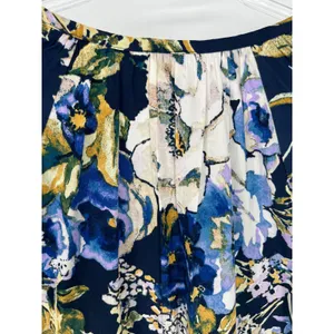 CHICO'S 0 Floral Peasant Blouse Women Small 4 Navy Blue Long Sleeve Split‎ Neck thumbnail 6