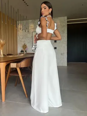 Chic Me brand White High-Waist wide leg pants & crop set with Navy detail. NIB thumbnail 2