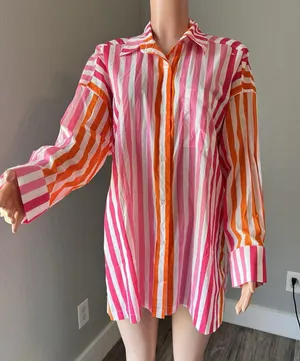 Beach Riot Womens Sz L/XL Top Pink Orange Stripe Swim Cover Up Button Up #148 thumbnail 1