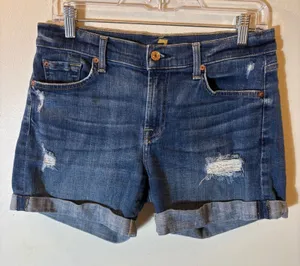 7 For All Mankind Distressed Cuffed Denim Shorts Medium‎ Wash Blue 27 thumbnail 1