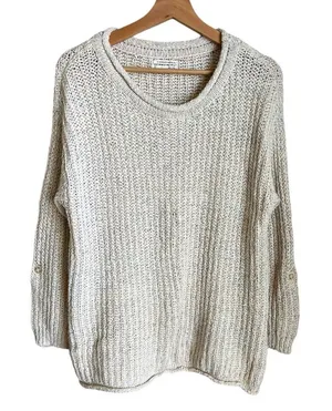 Anthropologie Cotton Knit Pullover Scoop Neck Sweater White Oversized Small thumbnail 1