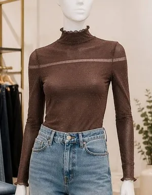 Free People Womens Mesh Top Brown Swiss Dot Sheer Mock Neck XS thumbnail 1
