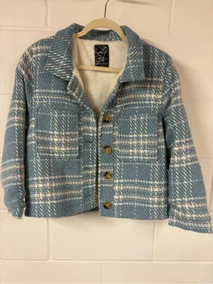 Gabby Isabella Plaid Blue & Cream Fur Collar Jacket thumbnail 2