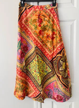 Farm Rio Mixed Scarves Satin Slip Midi Skirt, Size XS thumbnail 6