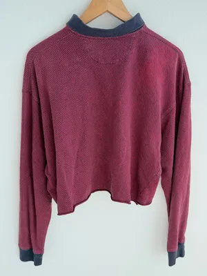 Vintage IZOD Polo Shirt Red Navy Distressed Cropped Long Sleeve 100% Cotton thumbnail 7