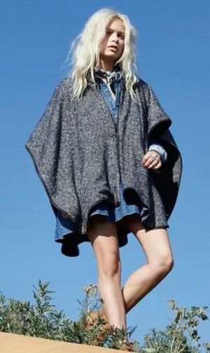 Free People Swept Away Navy & Cream Herringbone Zip Front Free Size Poncho O/S thumbnail 1