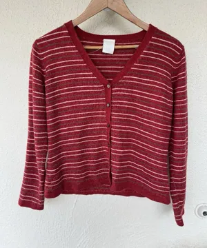 VTG Old Navy Red Striped V Neck Button Cardigan Sweater Wool Blend Prep Academia thumbnail 1