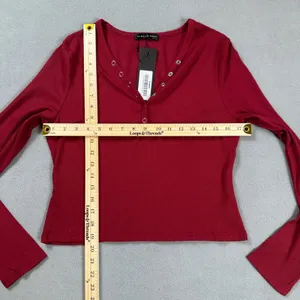 S.DEER Henley Crop Top Womens XL Ribbed Burgundy Long Sleeve Button Front NWT thumbnail 3