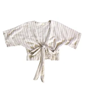 Happy x Nature Beige Tan Striped Linen Blouse Women’s Top Size Small thumbnail 4