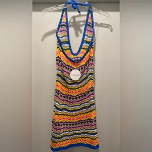 NWT THANNE Multicolor Striped Crochet Knit Unlined Halter Tie Mini Dress thumbnail 9