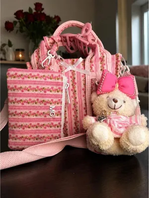 Madden Girl Floral Stripe Mini Tote Teddy Bear Charm Pink Coquette NWT thumbnail 5