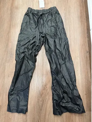 ZARA Faux Leather Drawstring Wide Leg Pants‎ Black XS thumbnail 1