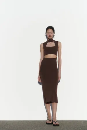 Zara Brown Cutout Dress ribbed fitted casual evening date midi thumbnail 6